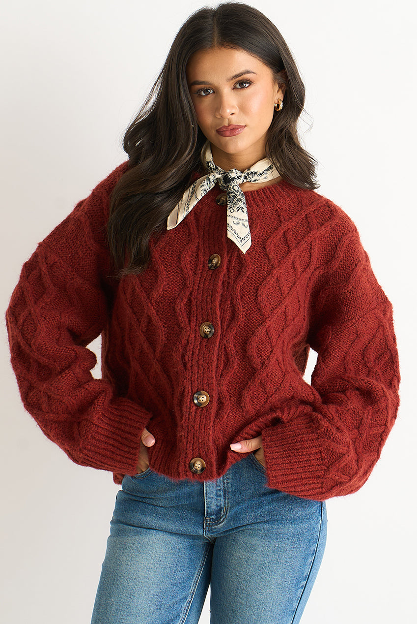 Rust Cable Knit Cardigan GL2101
