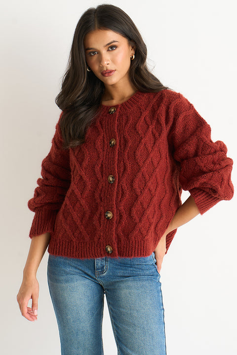 Rust Cable Knit Cardigan by Gini London