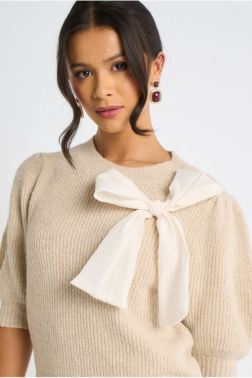 Mocha Chiffon Bow Knitted Jumper GL2108
