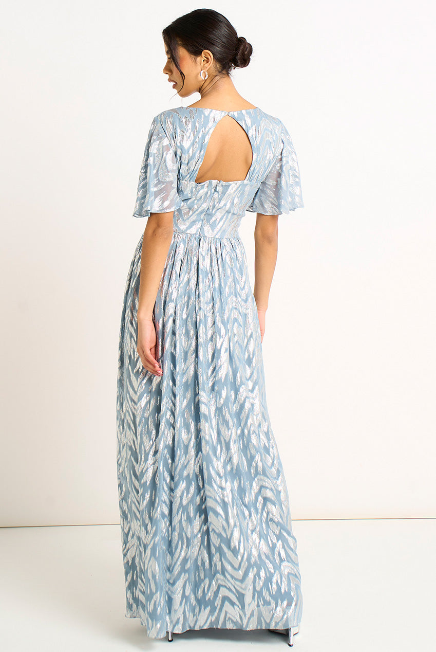 Blue Foil Metallic Print Short Sleeves Maxi Dress GL2112