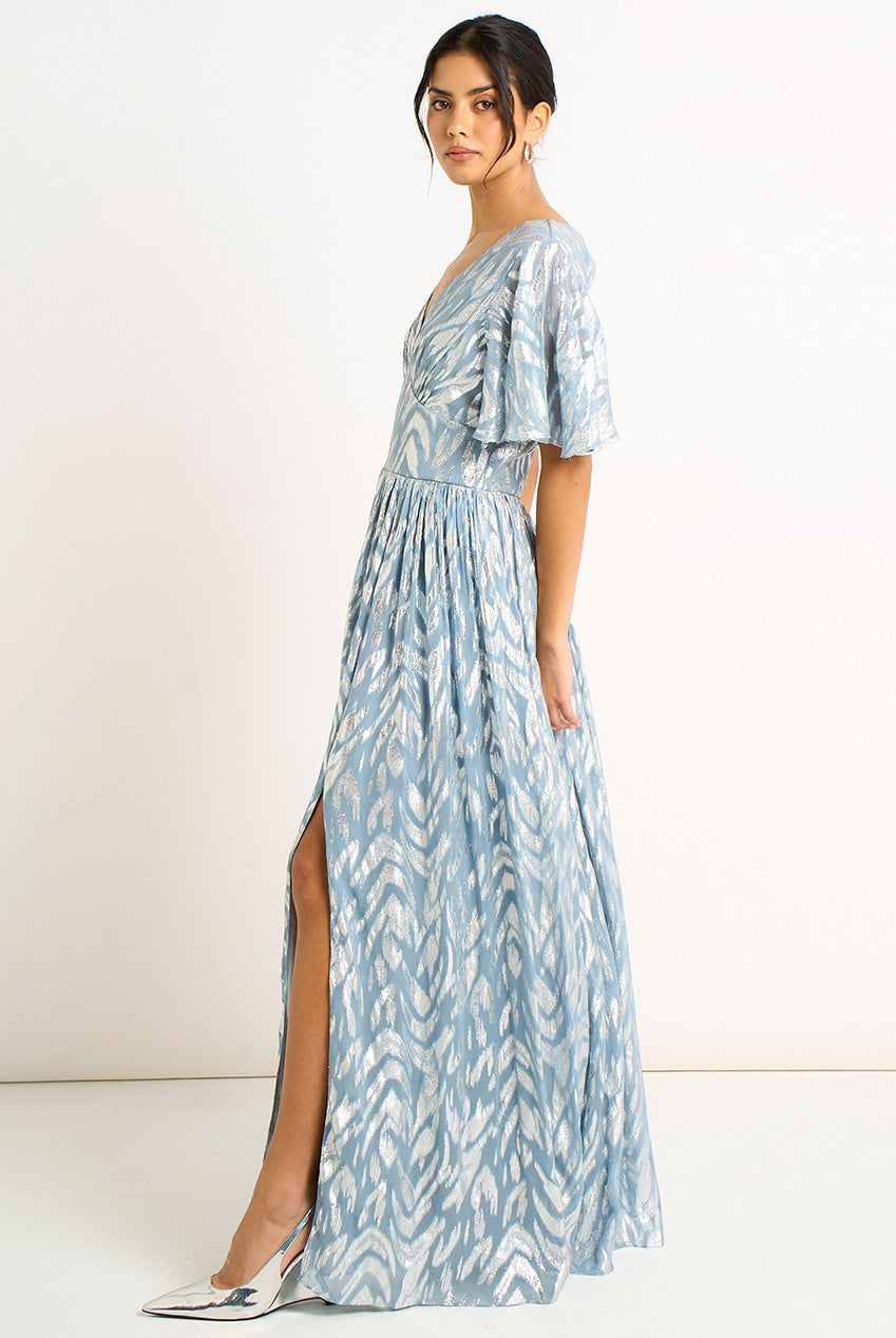 Blue Foil Metallic Print Short Sleeves Maxi Dress GL2112