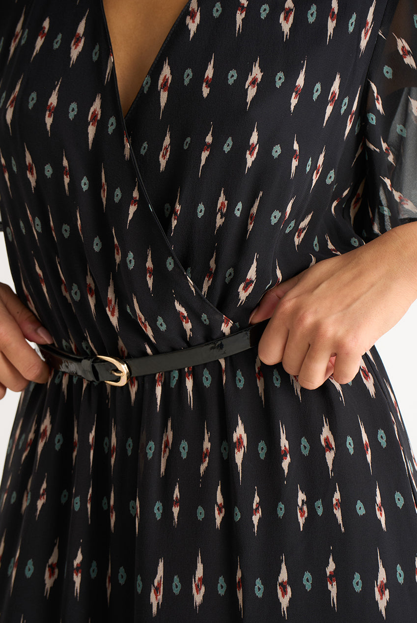 Black Silk Geo Print Midi Dress GL2113