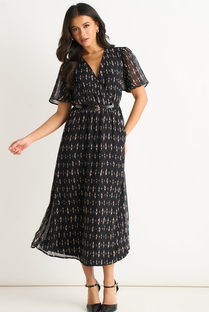 Black Silk Geo Print Midi Dress GL2113