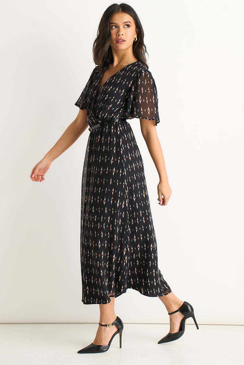 Black Silk Geo Print Midi Dress GL2113