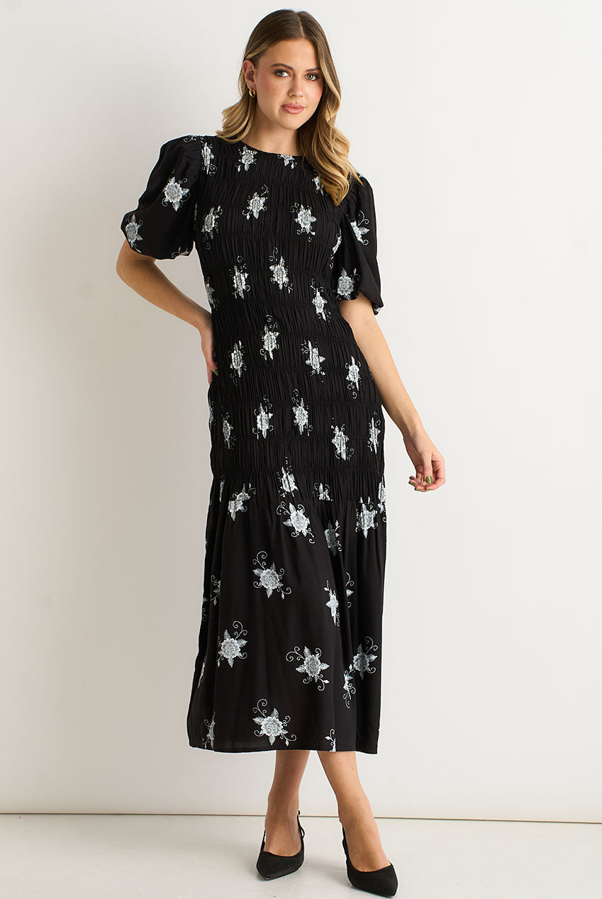 Black 3/4 Sleeves Paisley Ruched Midi Dress GL2115