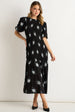 Black 3/4 Sleeves Paisley Ruched Midi Dress by Gini London