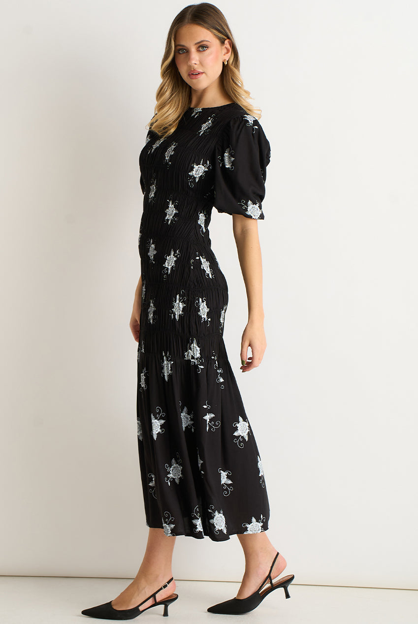 Black 3/4 Sleeves Paisley Ruched Midi Dress GL2115