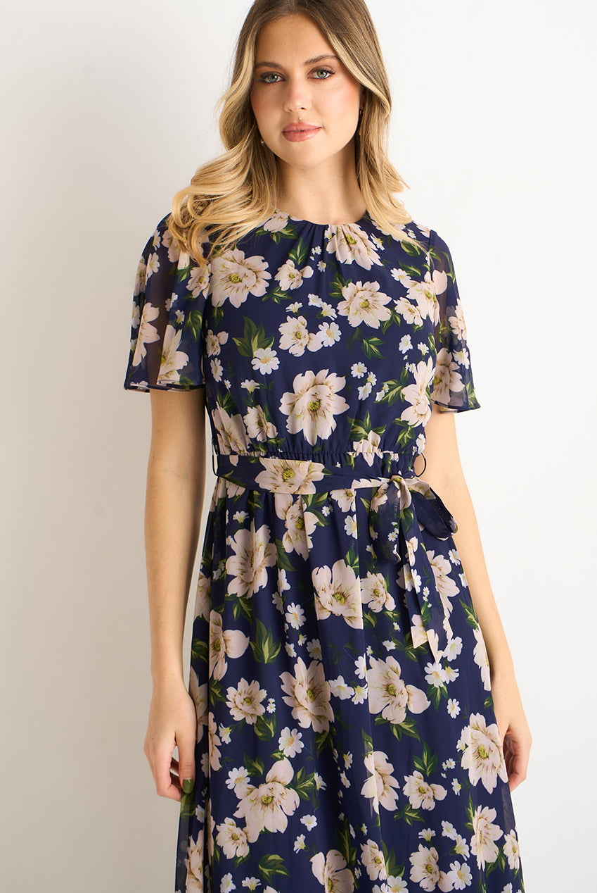 Navy Floral Print Fit & Flare Midi Dress GL2119