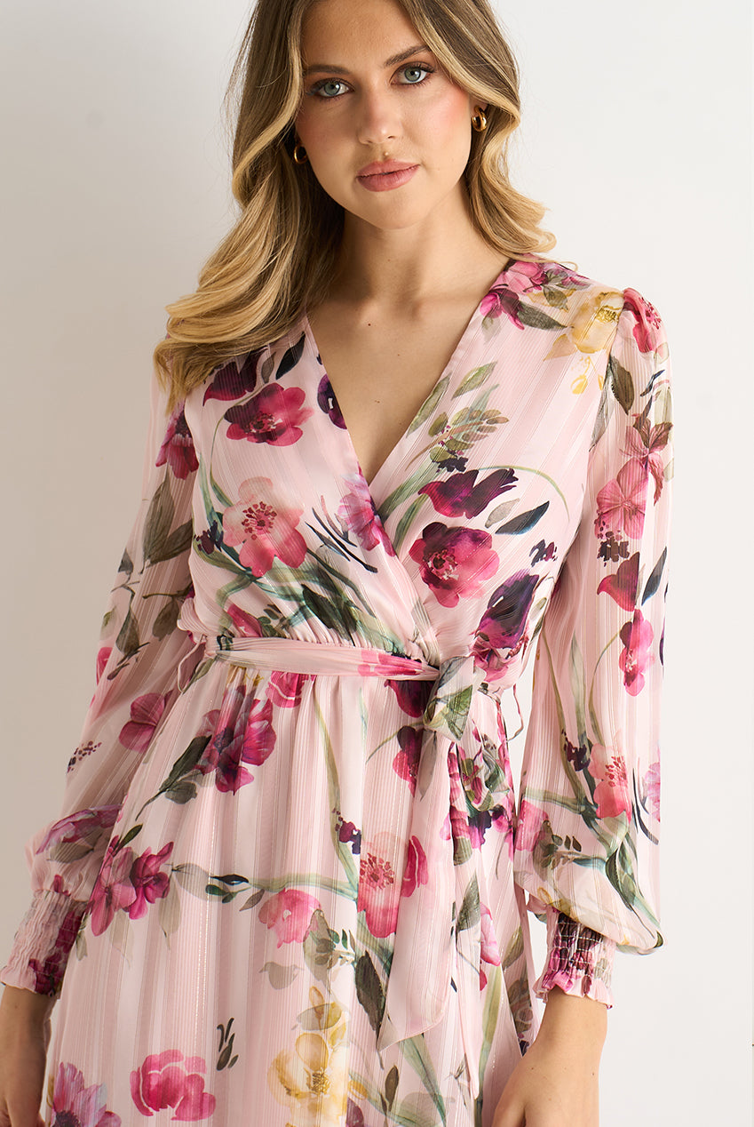Pink Floral Print Sparkle Chiffon Wrap Midi Dress GL2120