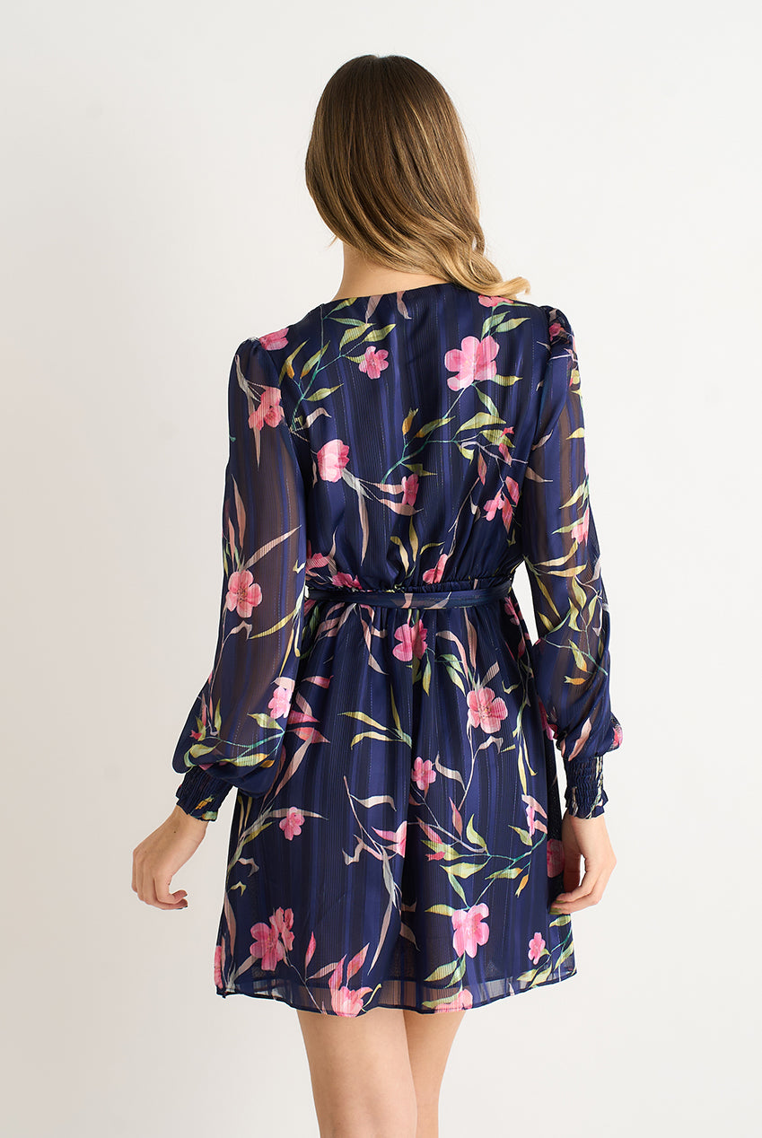 Navy Floral Print Shimmer Stripe Chiffon Wrap Mini Dress GL2121