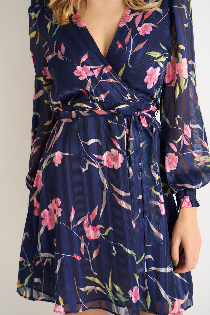Navy Floral Print Shimmer Stripe Chiffon Wrap Mini Dress GL2121