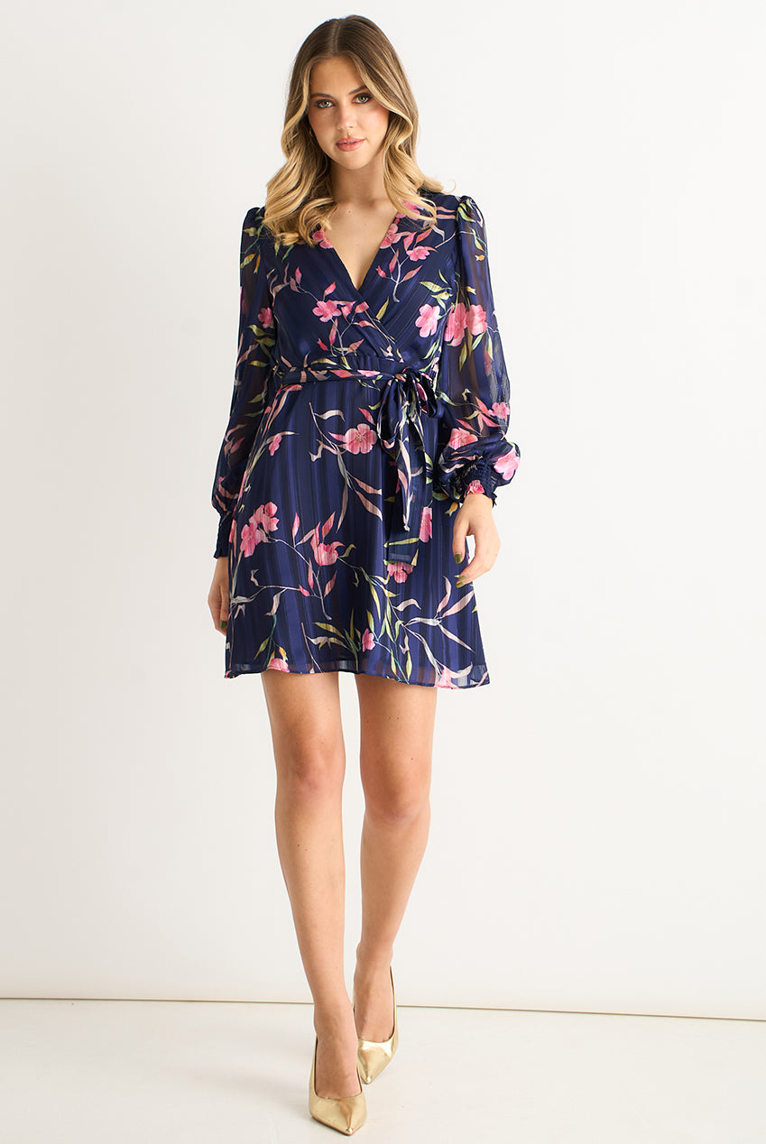 Navy Floral Print Shimmer Stripe Chiffon Wrap Mini Dress GL2121