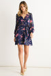 Navy Floral Print Shimmer Stripe Chiffon Wrap Mini Dress by Gini London