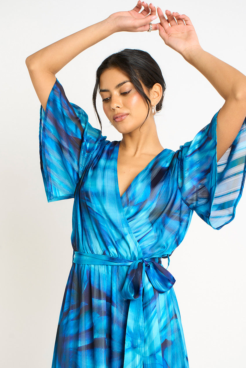Blue Tie Dye Print Wrap Midi Dress GL2123