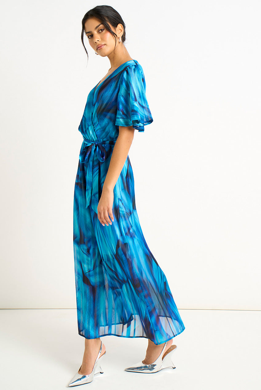 Blue Tie Dye Print Wrap Midi Dress GL2123