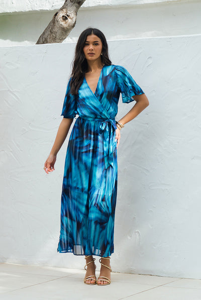 Blue - Blue Tie Dye Print Wrap Midi Dress by Gini London