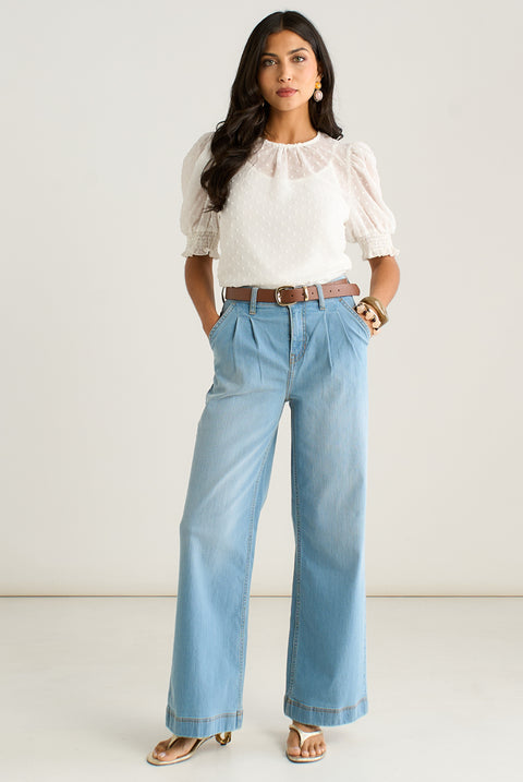 Light Blue Pleat Wide Leg Jean by Gini London