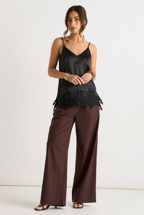 Black Lace Trim Satin Cami Top by Gini London