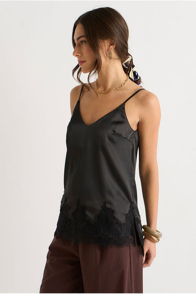 Black Lace Trim Satin Cami Top by Gini London