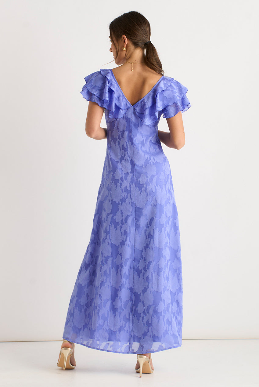 Blue Satin Jacquard Ruffle Maxi Dress GL2131
