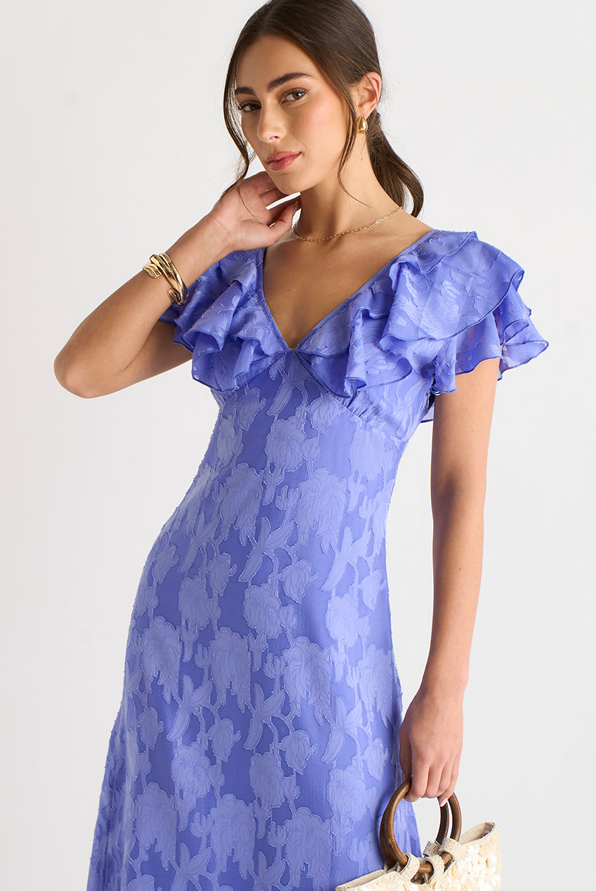 Blue Satin Jacquard Ruffle Maxi Dress GL2131
