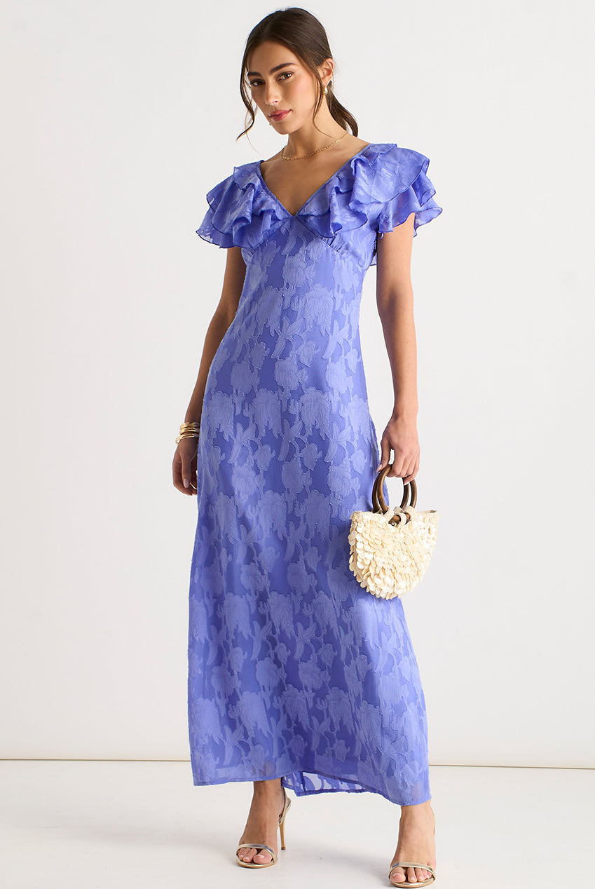 Blue Satin Jacquard Ruffle Maxi Dress GL2131