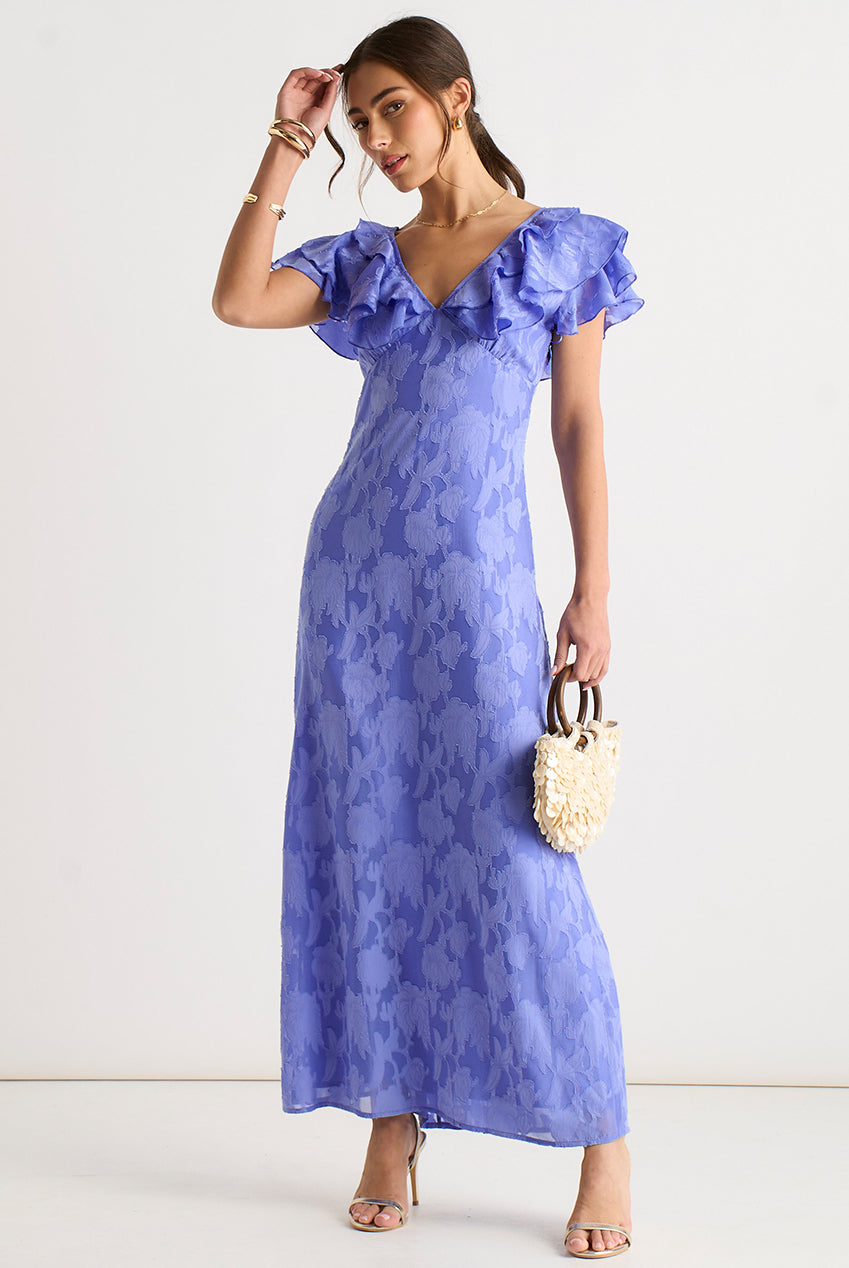Blue Satin Jacquard Ruffle Maxi Dress GL2131