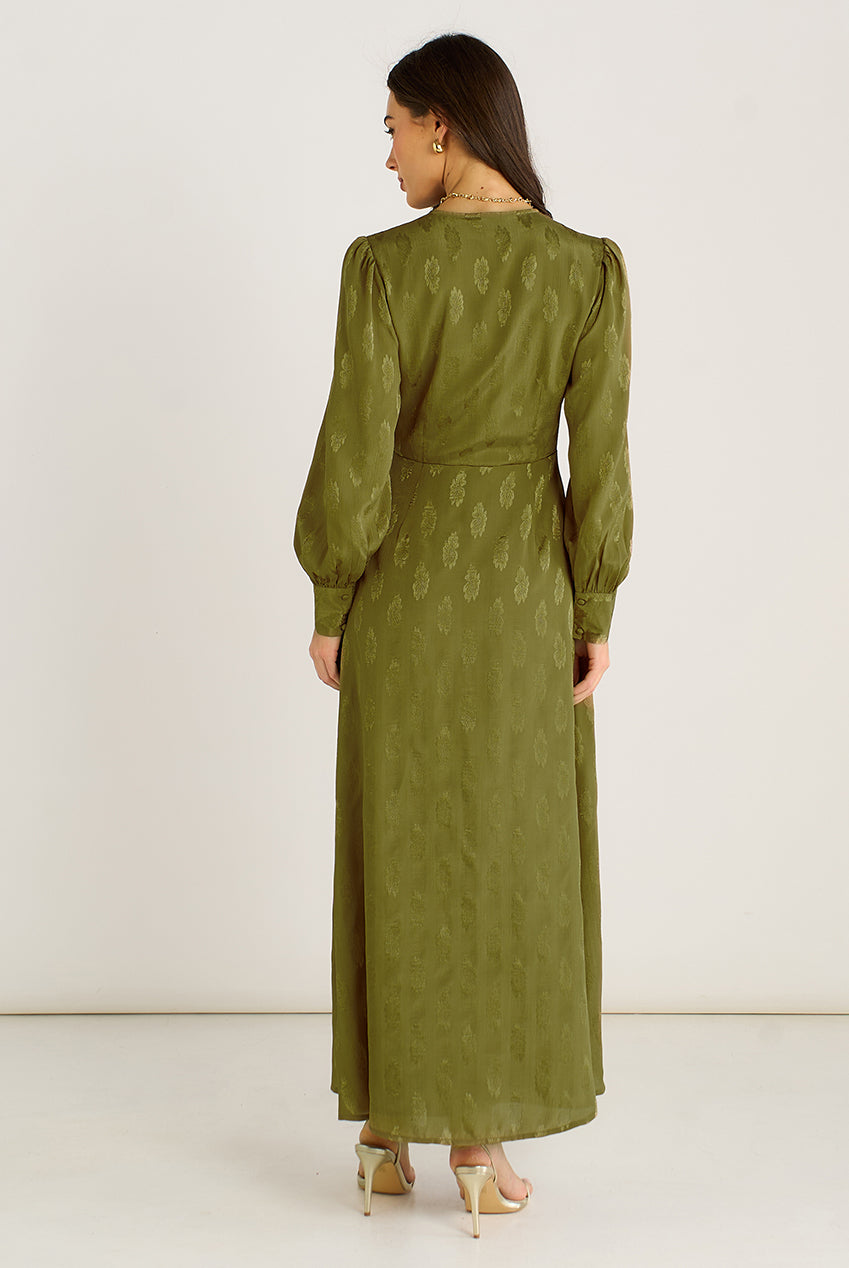 Green LS Floral Satin Jacquard Maxi Dress GL2133