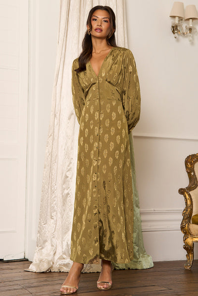 Green - Green LS Floral Satin Jacquard Maxi Dress by Gini London