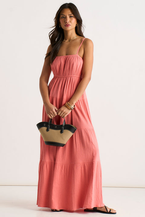 Coral Double Gauze Tierred Cami Maxi Dress by Gini London