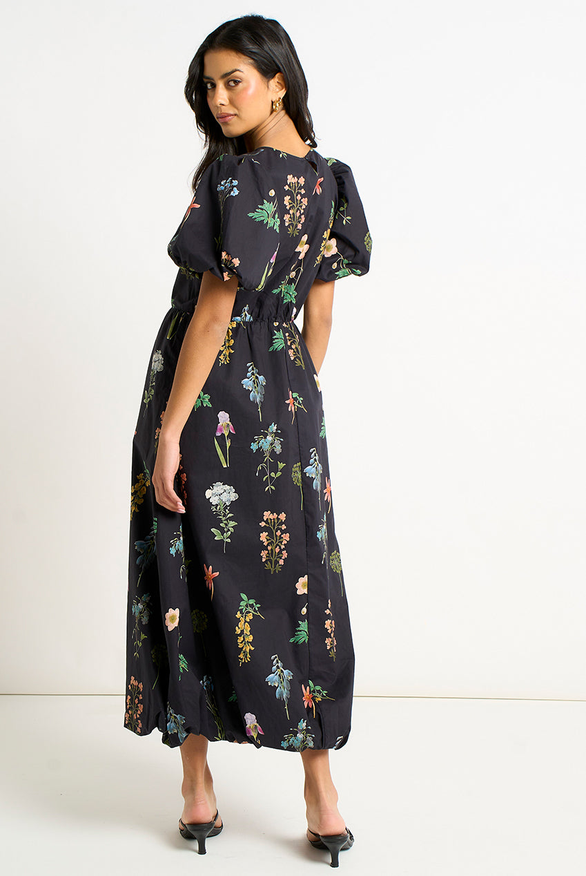 Navy Cotton Floral Print Puff Ball Midi Dress GL2137