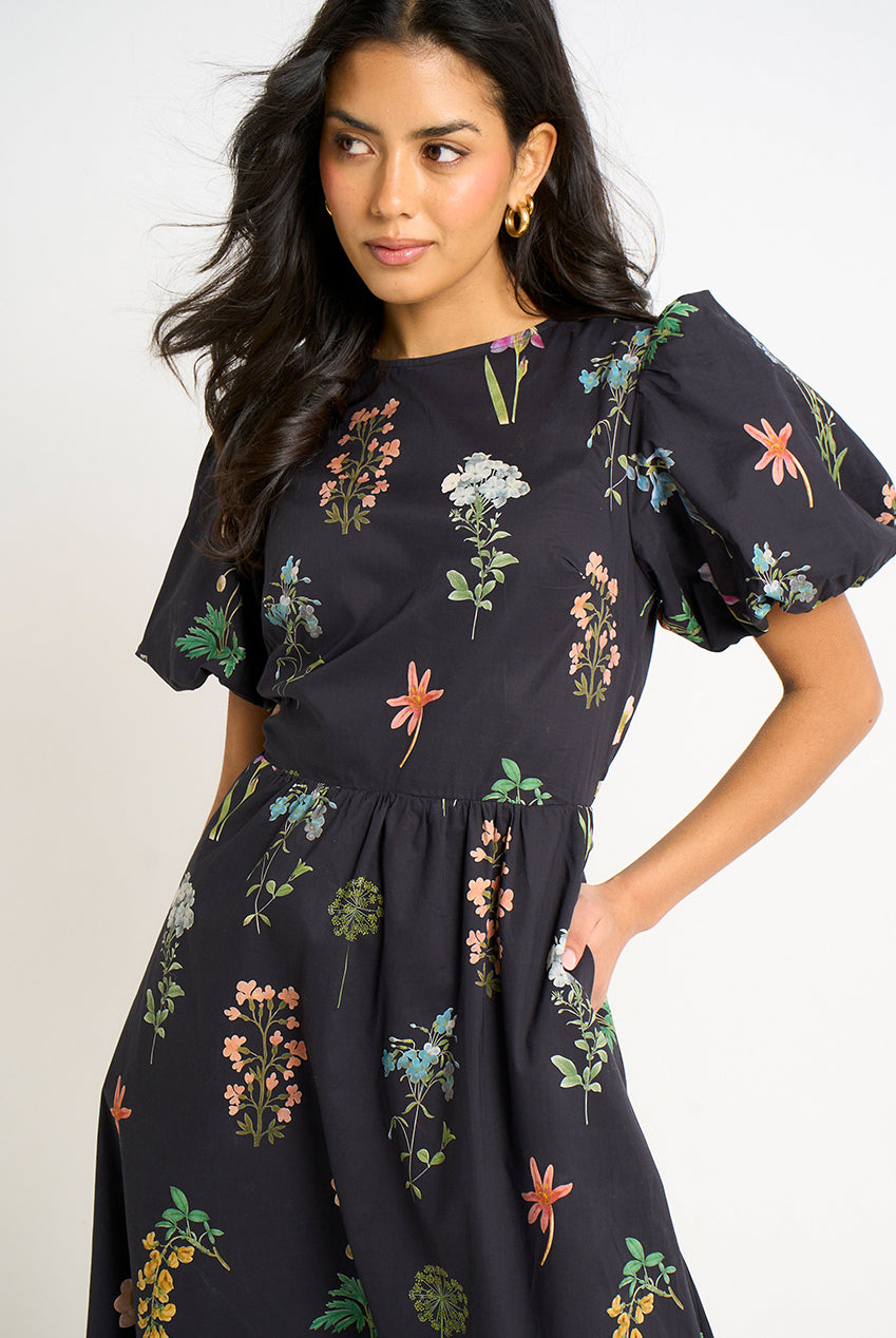 Navy Cotton Floral Print Puff Ball Midi Dress GL2137