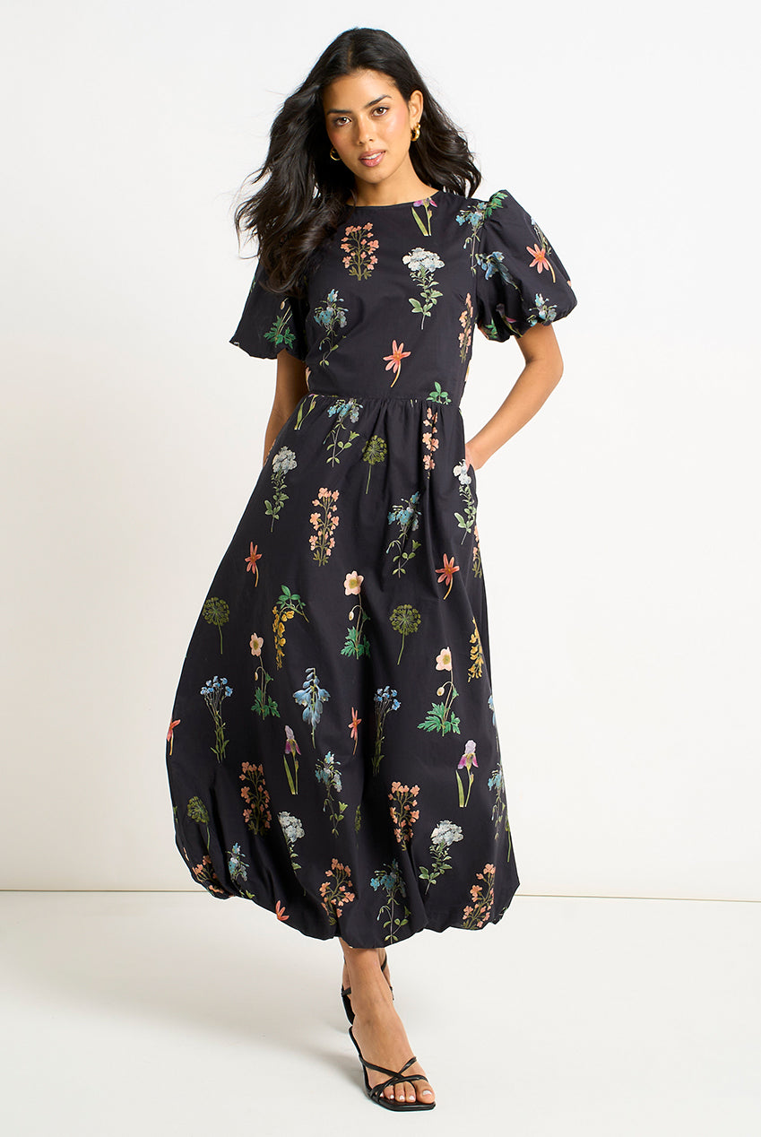 Navy Cotton Floral Print Puff Ball Midi Dress GL2137
