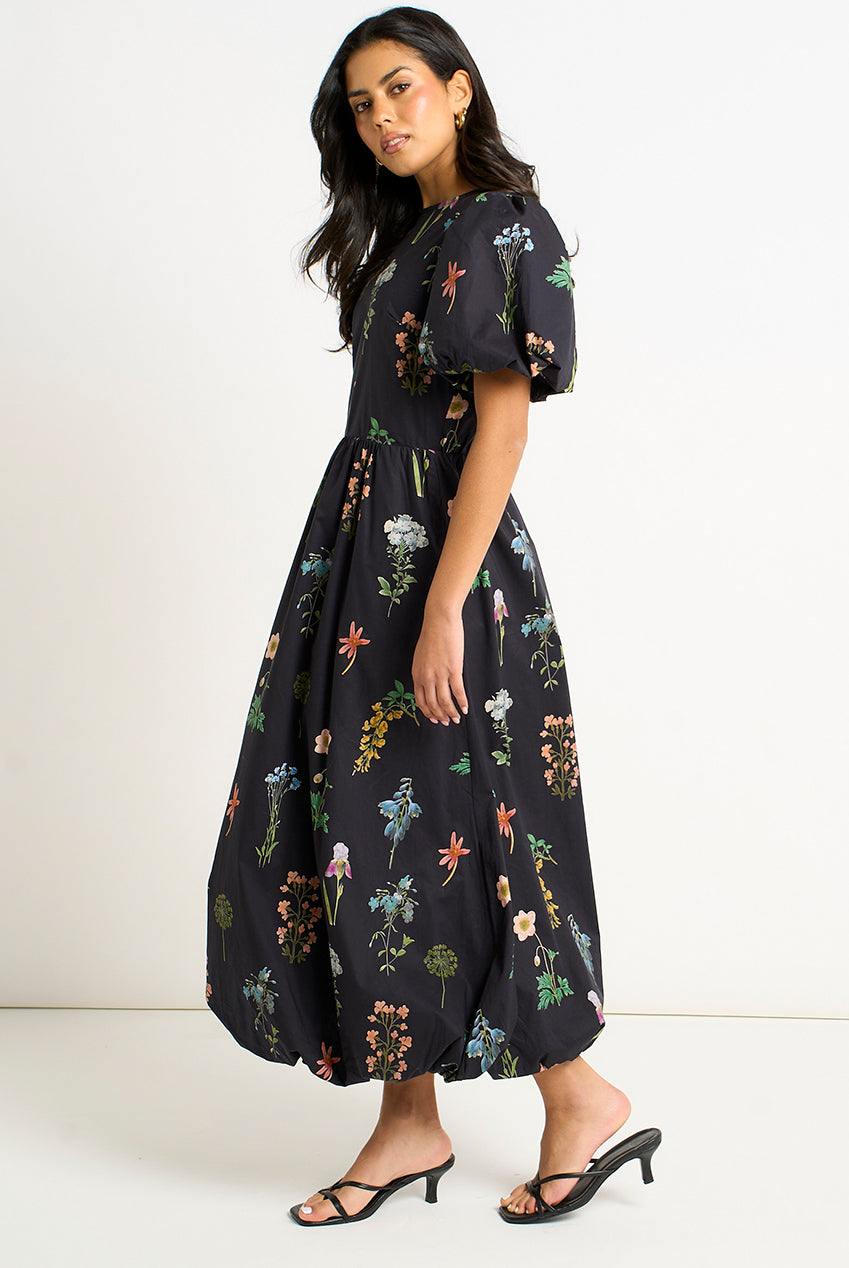 Navy Cotton Floral Print Puff Ball Midi Dress GL2137