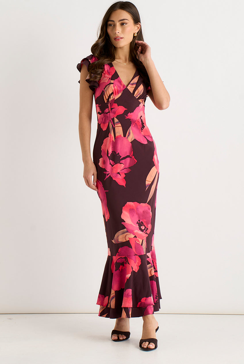 Brown Ruffle Sleeve Floral Maxi Dress GL2140