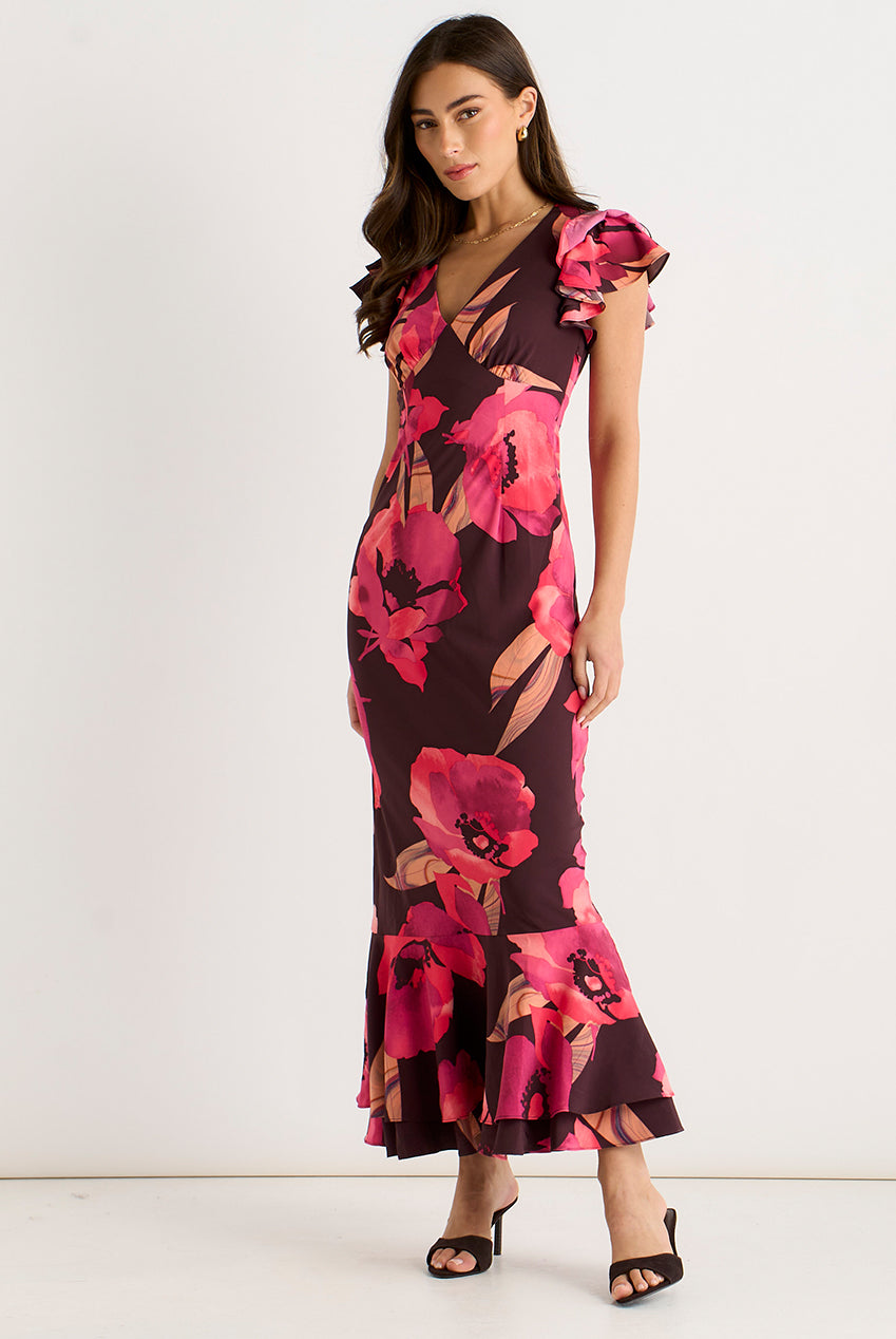 Brown Ruffle Sleeve Floral Maxi Dress GL2140