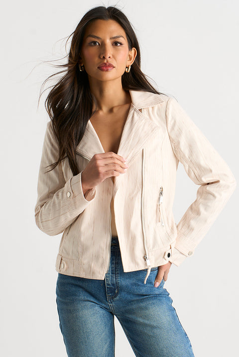 Beige Corduroy Asymmetrical Zip Moto Jacket by Gini London