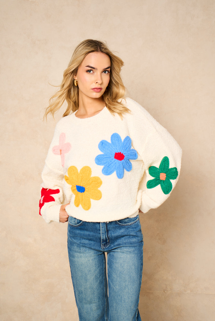 Cream 3D Flower Crochet Knitted Jumper GL2154