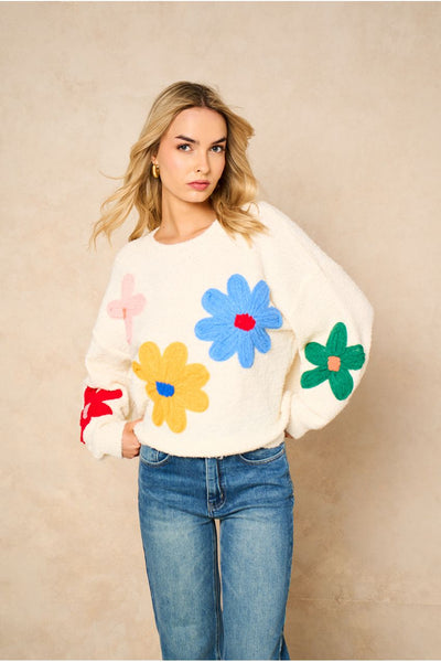 Cream - Cream 3D Flower Crochet Knitted Jumper by Gini London