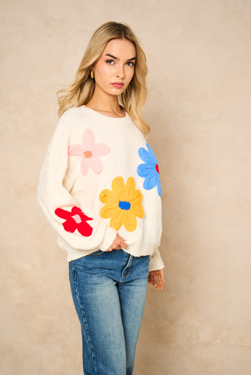 Cream 3D Flower Crochet Knitted Jumper GL2154