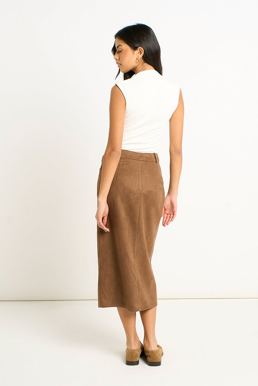 Brown Faux Suede Pencil Skirt GL2156