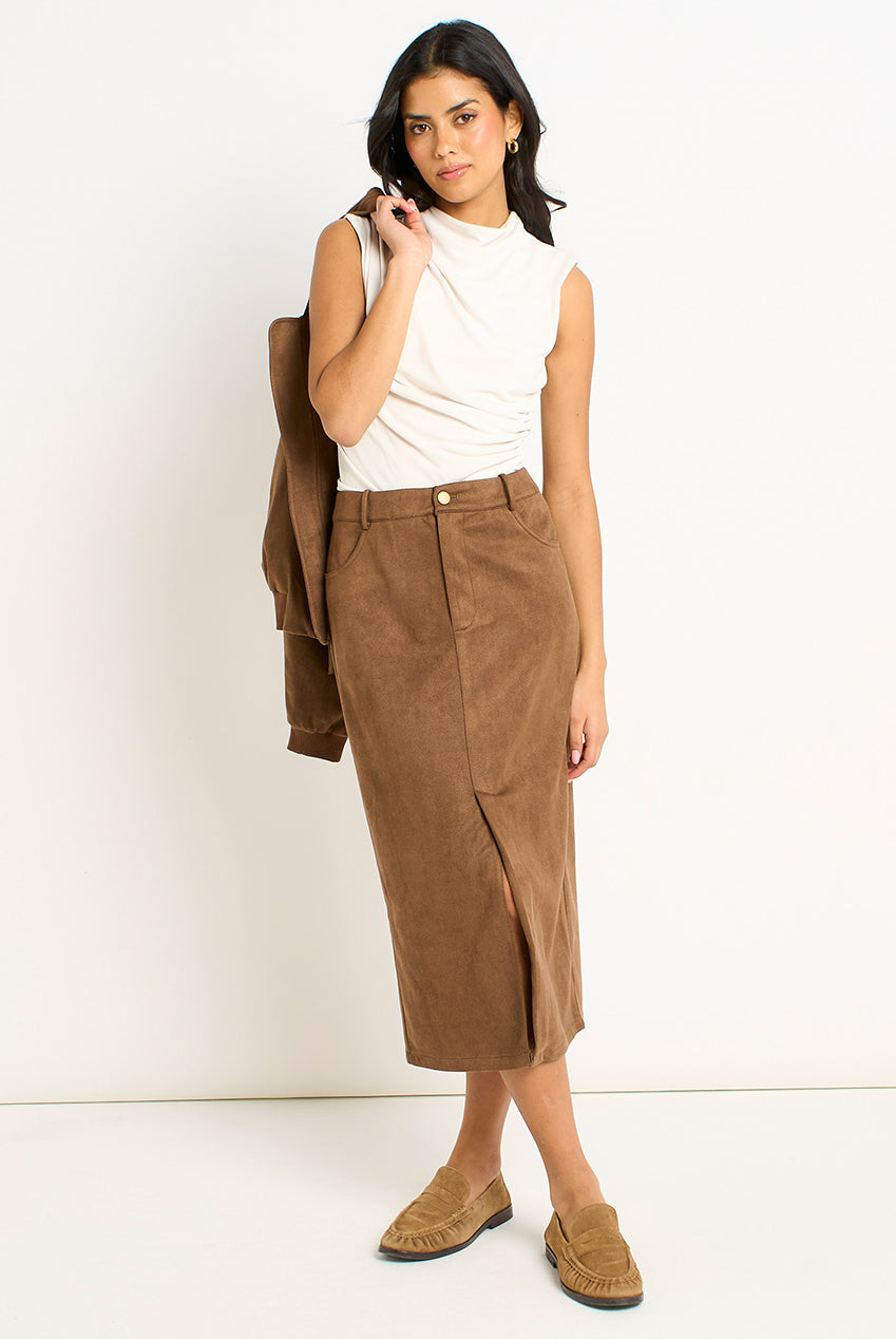 Brown Faux Suede Pencil Skirt GL2156