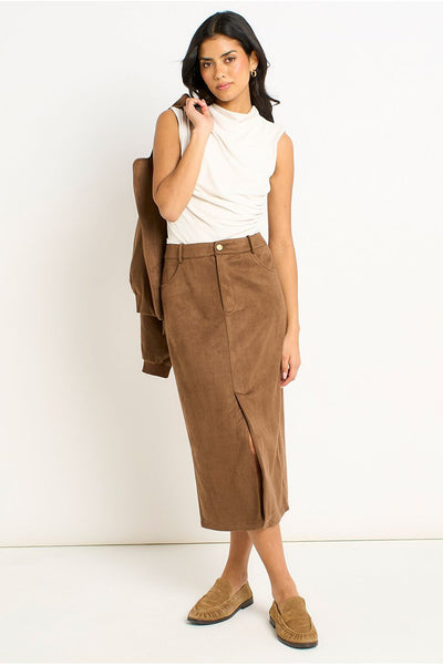 Brown - Brown Faux Suede Pencil Skirt by Gini London