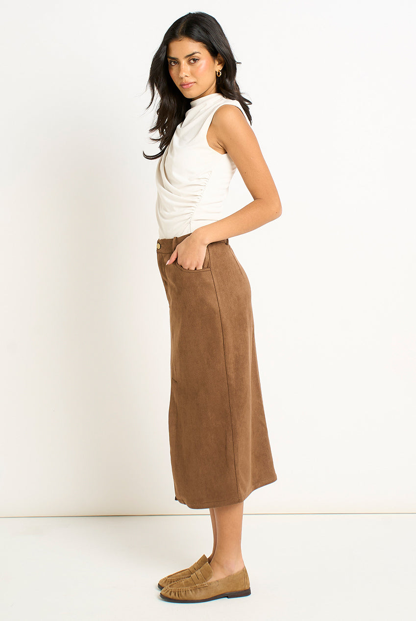Brown Faux Suede Pencil Skirt GL2156