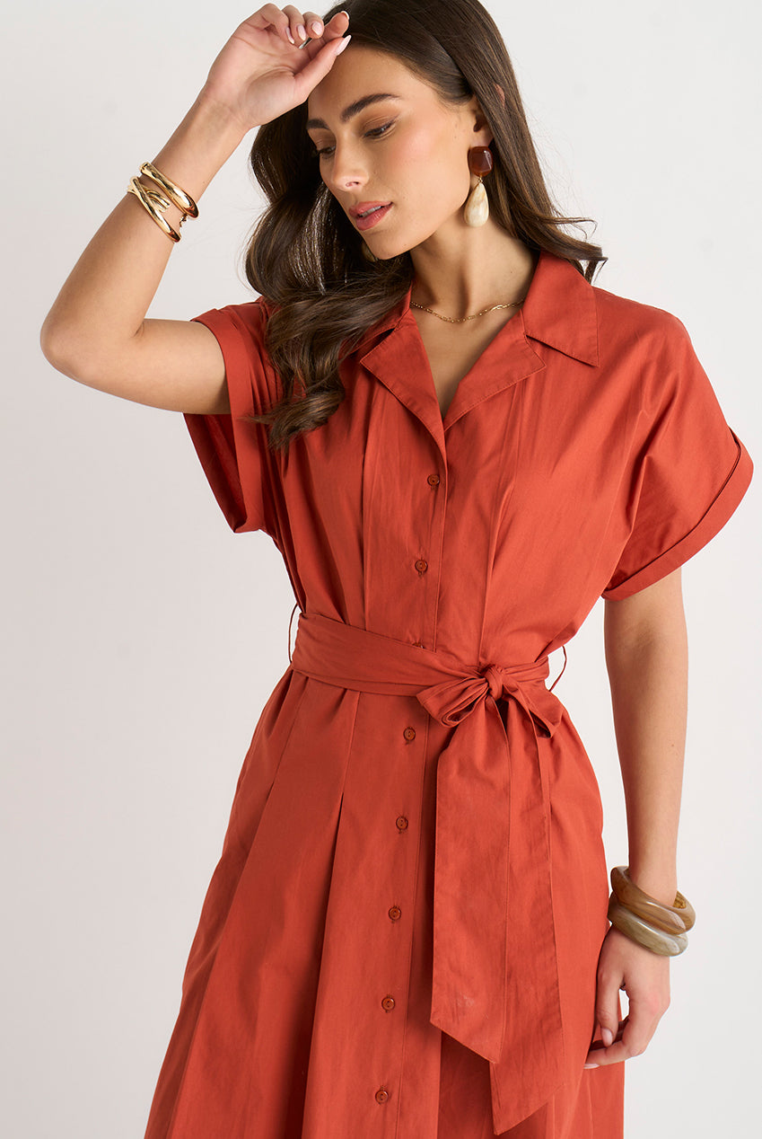 Rust Cotton Button Through Belted Shirt Dress GL2178
