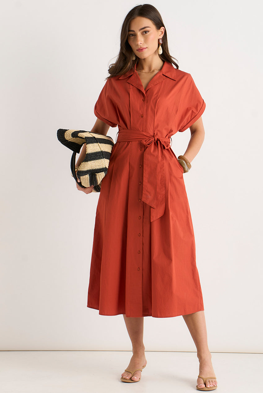 Rust Cotton Button Through Belted Shirt Dress GL2178