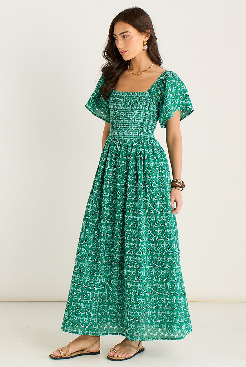Green Floral Broderie Shirred Midi Dress GL2181