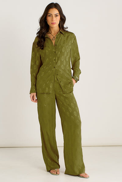 Khaki - Khaki Floral Satin Jacquard Trousers by Gini London