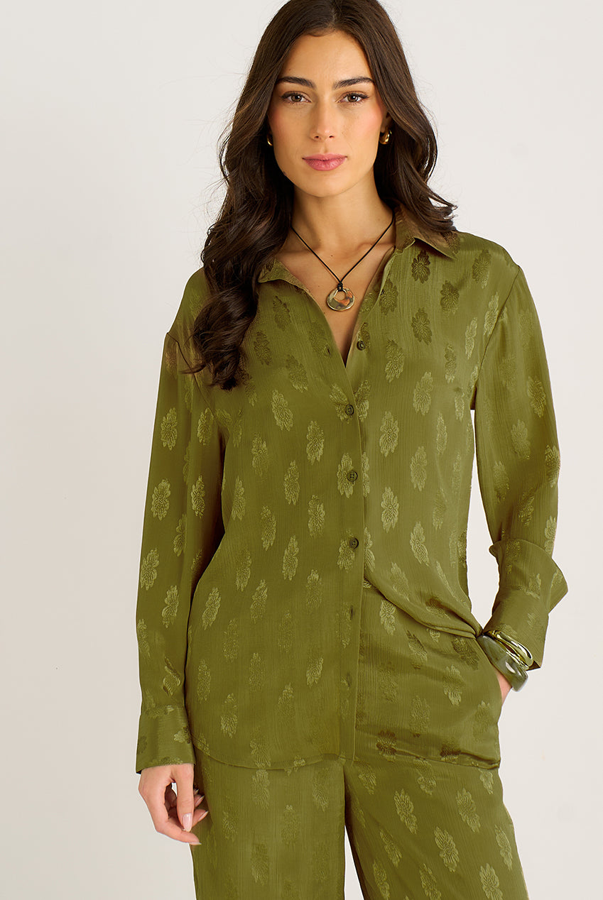 Khaki Floral Satin Jacquard Shirt GL2186A