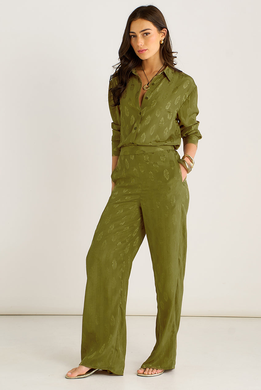 Khaki Floral Satin Jacquard Trousers GL2186B